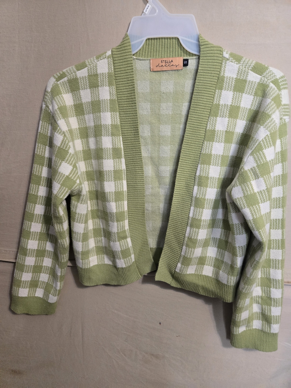 Green Check Open-Front Women's Sweater Stella Dallas